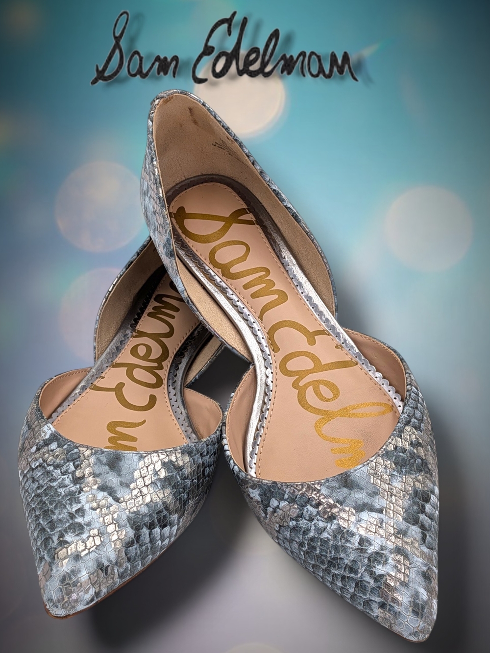 Sam Edelman Rodney 8M Gray Silver Snake Print D'Orsay Flat Pointed Toe Leather